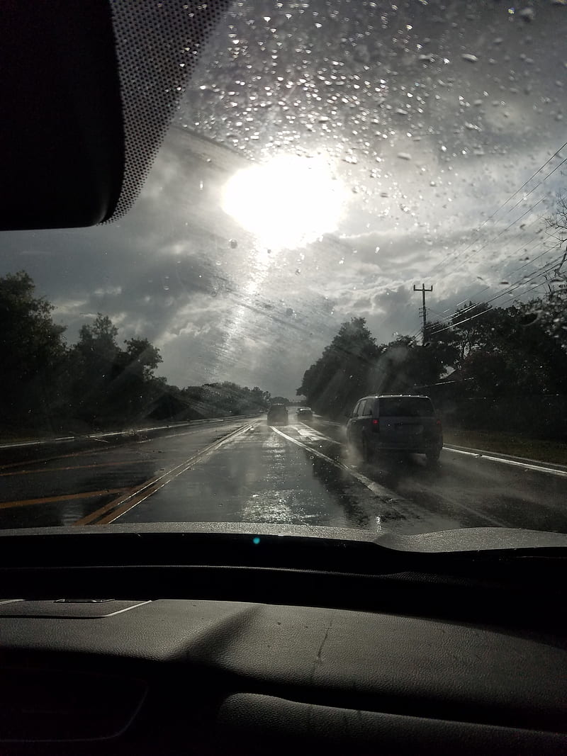 Rainy day, black and white, carros, cloud, dark, drive, nature, graphy, road, sun, sun shower, HD phone wallpaper