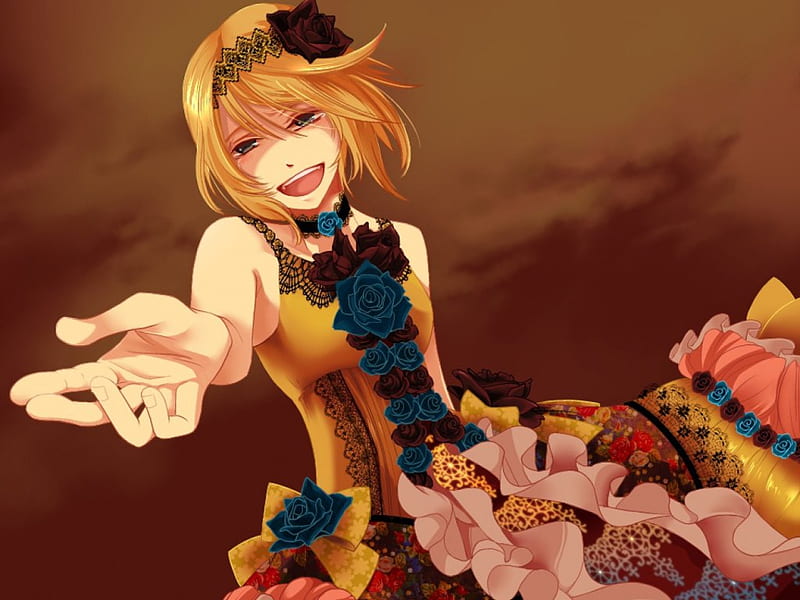 I've Been Waiting For You, vocaloid, colorful, dress, happiness, blonde, bonito, roses, rin kagamine, short hair, crying, anime, tears, HD wallpaper