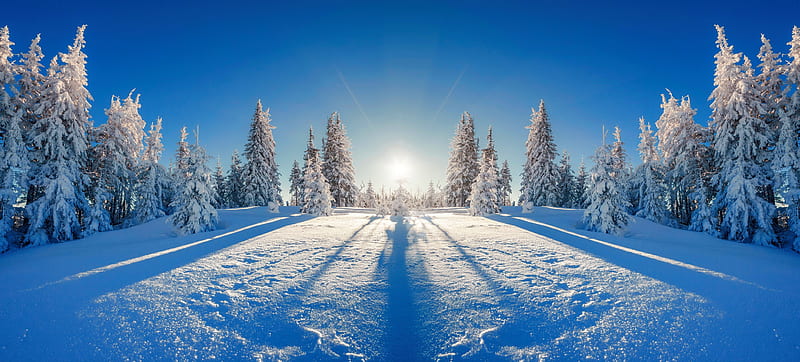 Winterscape, winter, forest, mountain, snow, bonito, sunrise, sky, panorama, HD wallpaper