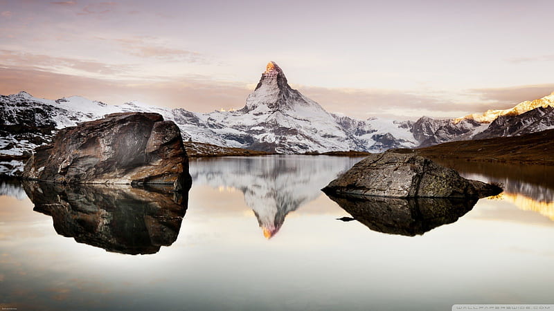 matterhorn reflected in an alpine lake, rocks, mounatain, reflection, lake, HD wallpaper