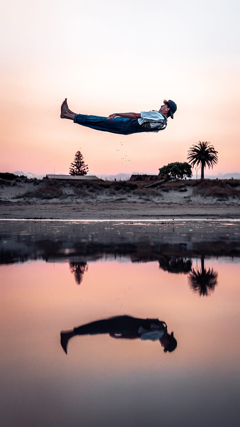 man, fall, levitation, trick, lake, HD phone wallpaper