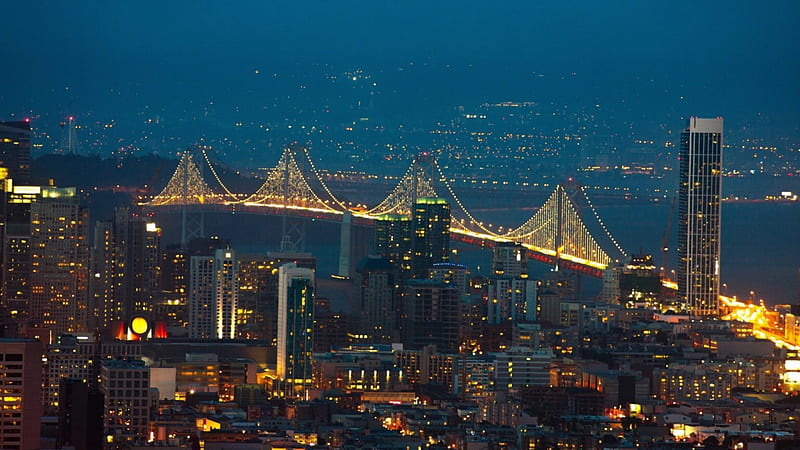 Wide view of san francisco bay bridge at night, city, bridge, view, lights,  night, HD wallpaper | Peakpx
