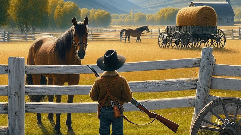 The Ranchers Son, cowboy, son, hay, wagon, field, grass, farm, fnece, boy, rifle, HD wallpaper