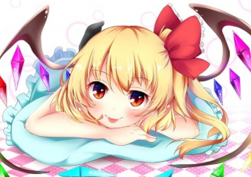 ♪, pretty, blond, bonito, adorable, wing, sweet, nice, anime, touhou, beauty, anime girl, wings, lovely, blonde, blonde hair, flandre scarlet, blond hair, short hair, cute, kawaii, girl, lay, devil, red eyes, laying, HD wallpaper