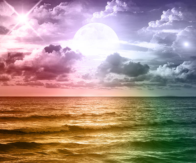 Moonlight, colors, fantasy, landscape, moon, ocean, planets, rainbow, sea, HD wallpaper