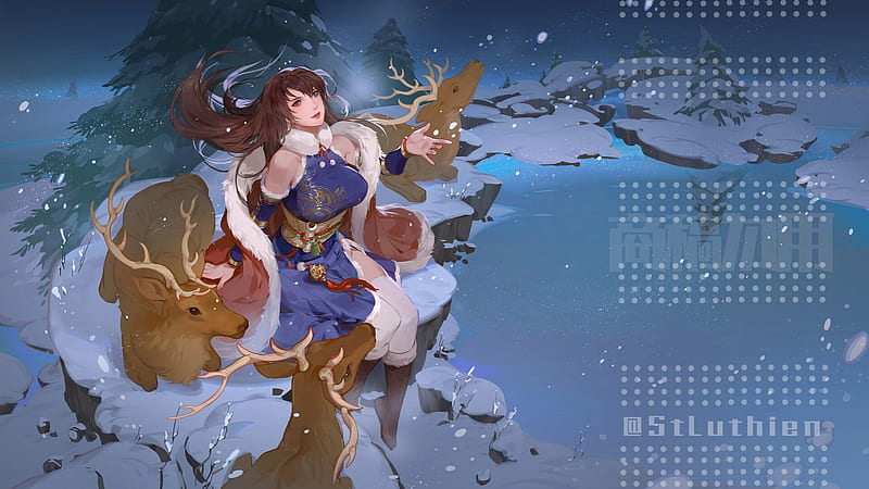 Winter, st luthien, girl, christmas, craciun, saint luthien, blue, iarna, fantasy, reindeer, HD wallpaper