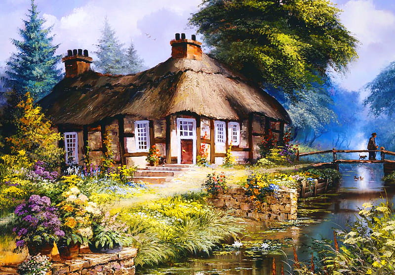 Countryside landscape, rural, art, house, cottage, spring, creek, que, countryside, bridge, painting, peaceful, village, landscape, HD wallpaper