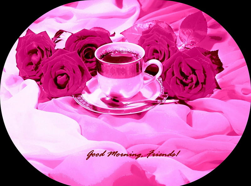 Good Morning, Friends!, good morning, art, friend, roses, tea, coffee, cup, flower, white, pink, HD wallpaper