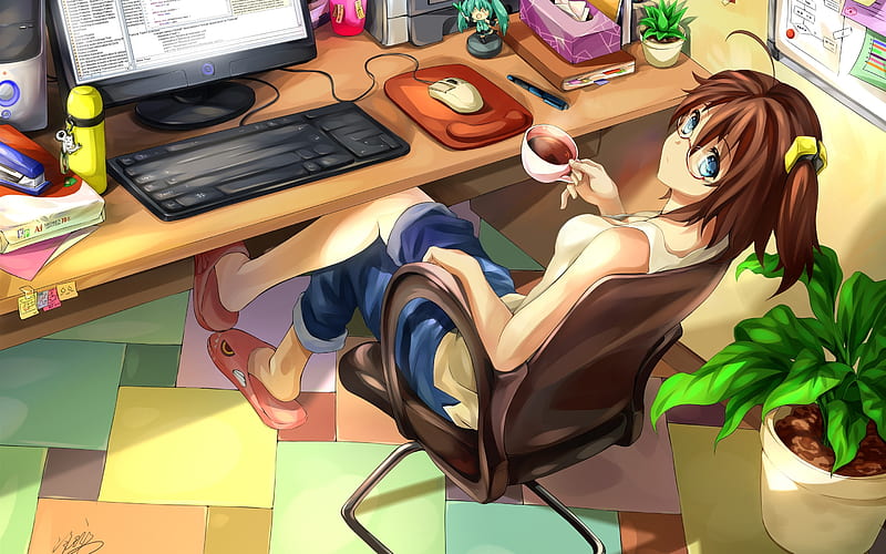 anime girl, room, working, lancer, home office, computer, coffee, Anime, HD wallpaper