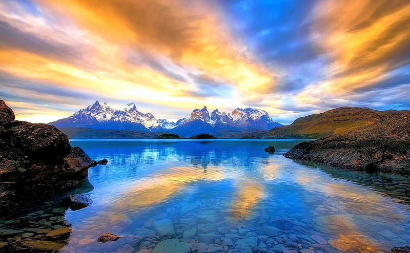 Golden And Blue Tranquility, National Park, Torres del Paine, bonito, sunset, sky, clouds, lake, mountains, crystal water, Chile, Patagonia, snowy peaks, HD wallpaper