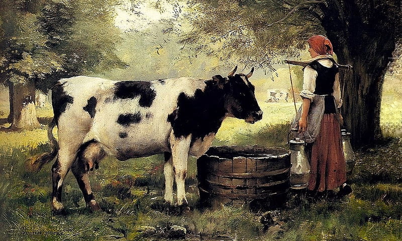 The Milk Maid, rural, Maiden, Outdoors, Water well, painting, Cows, woman, vintage, HD wallpaper