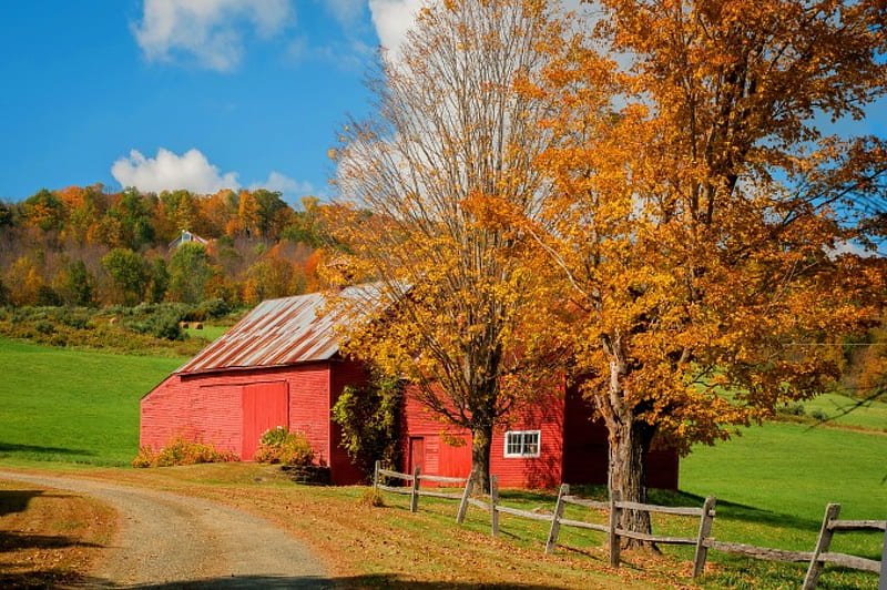 Autumn red barn, hills, fence, fall, autumn, lovely, grass, Vermont ...