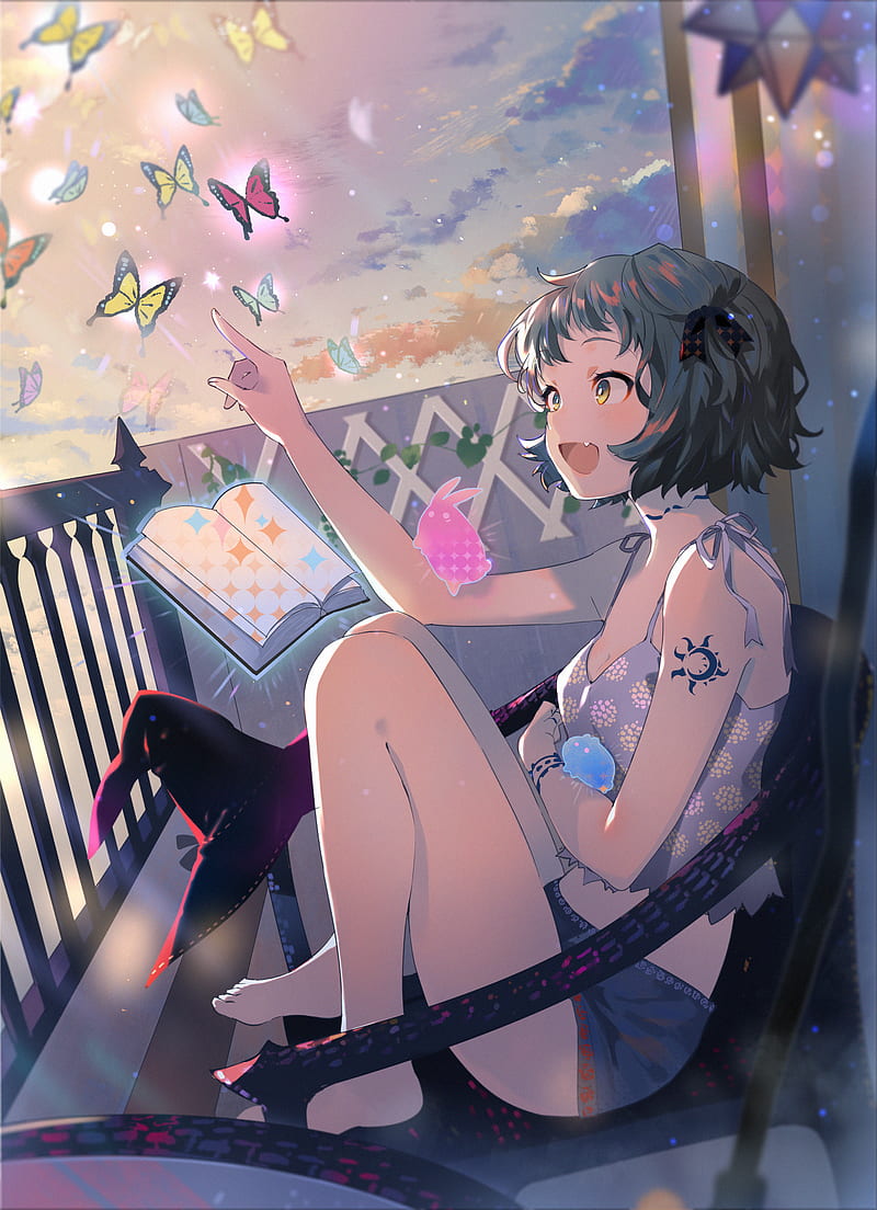 anime girls, anime, butterflies, open mouth, dark hair, sitting, magic, barefoot, Arutera, HD phone wallpaper