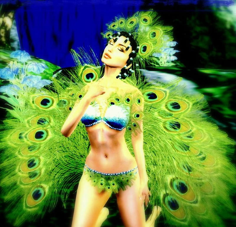 Peacock, fantasy, lady, abstract, HD wallpaper