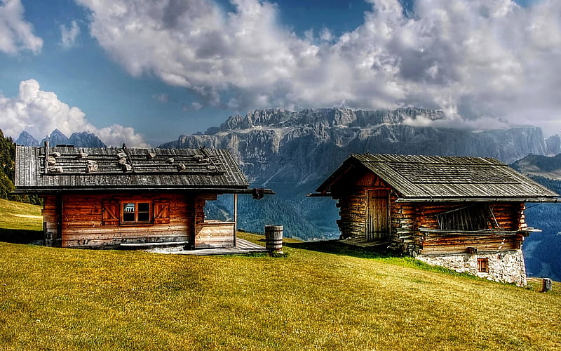 Sella Mountains, Dolomites, Italy, peaks, sky, cabins, alps, clouds, HD wallpaper