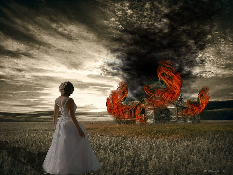 BURNING DREAMS, fire, house, female, burning, dreams, smoke, HD wallpaper