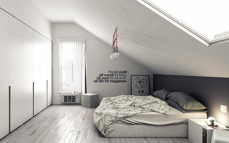 stylish gray bedroom, modern interior design, minimalism, bedroom, project, HD wallpaper