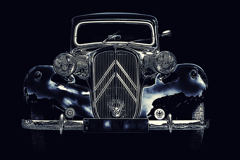CV11, limousine, classic car, black, old, timer, france, auto, front, citroen, frontal, blue, night, HD wallpaper