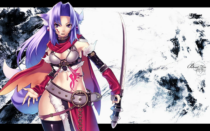 Sword Girl, female, fighter, tattoo, purple hair, sexy, big breasts, breasts, cool, warrior, thighhigh, hot, anime girl, long hair, HD wallpaper
