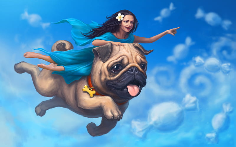 Volador, fantasía, niña, caine, cielo, perro, azul, Fondo de pantalla HD |  Peakpx