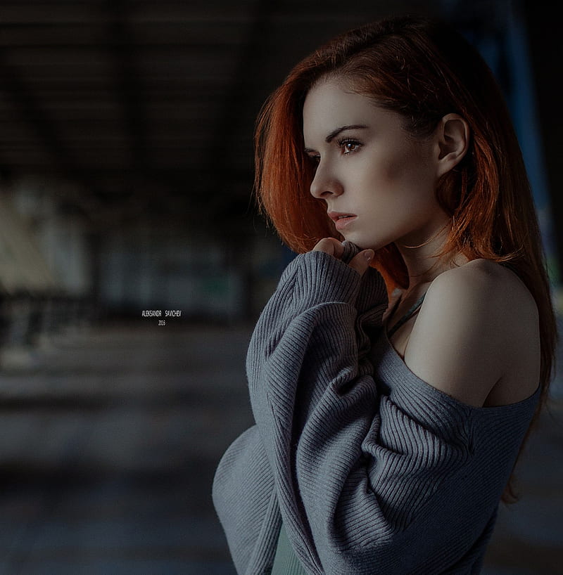 Aleksandr Savichev, women, redhead, long hair, straight hair, looking away, sweater, bare shoulders, HD phone wallpaper