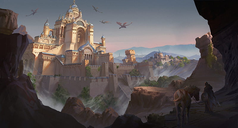 dragons, fantasy castle, wanderer, horse, artwork, Fantasy, HD wallpaper