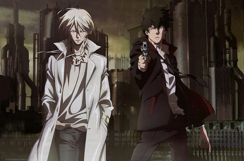 Psycho-pass, Shinya Kougami, gun, black and white, factory, Shougo Makishima, psycho, HD wallpaper