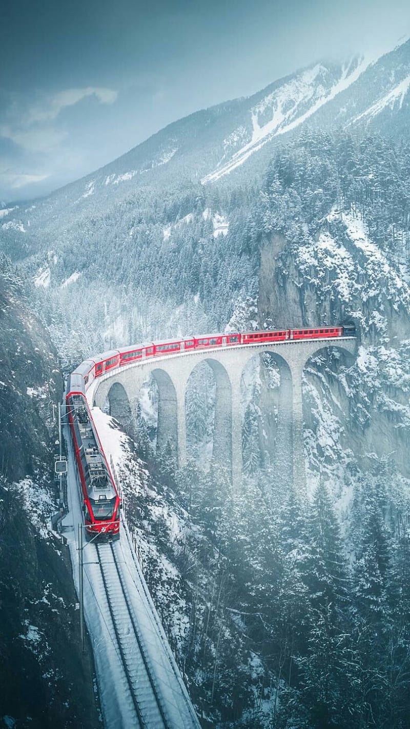 Train, bridge, mountain, nature, railway, travel, tunnel, winter, HD phone wallpaper
