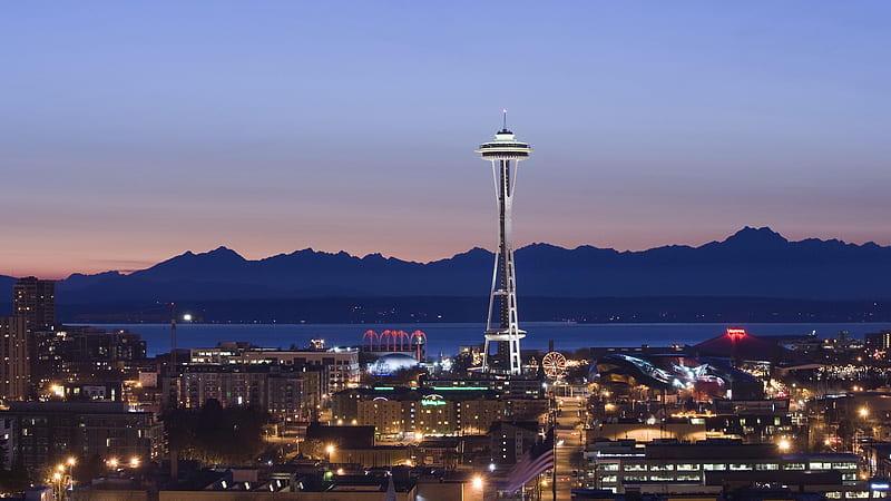 Cities, Sky, Usa, City, Building, Mountain, Light, Seattle, Man Made, Space Needle, HD wallpaper