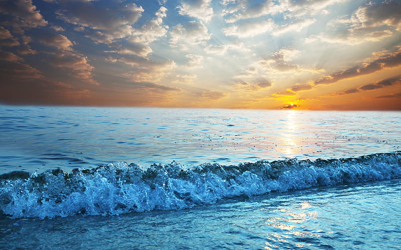 sunset, sea landscape, waves, calm, sky, sea, beach, HD wallpaper