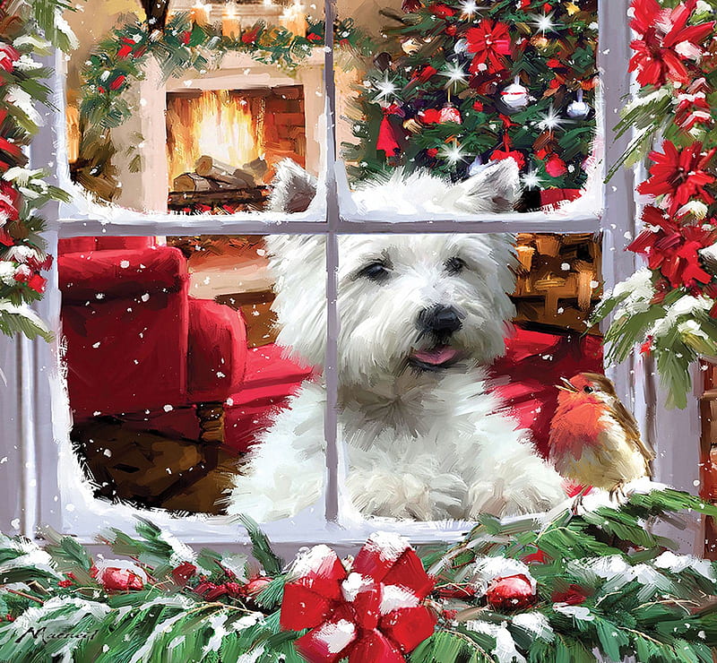 Looking for Santa, dog, christmas, window, snow, decoration, painting, room, HD wallpaper