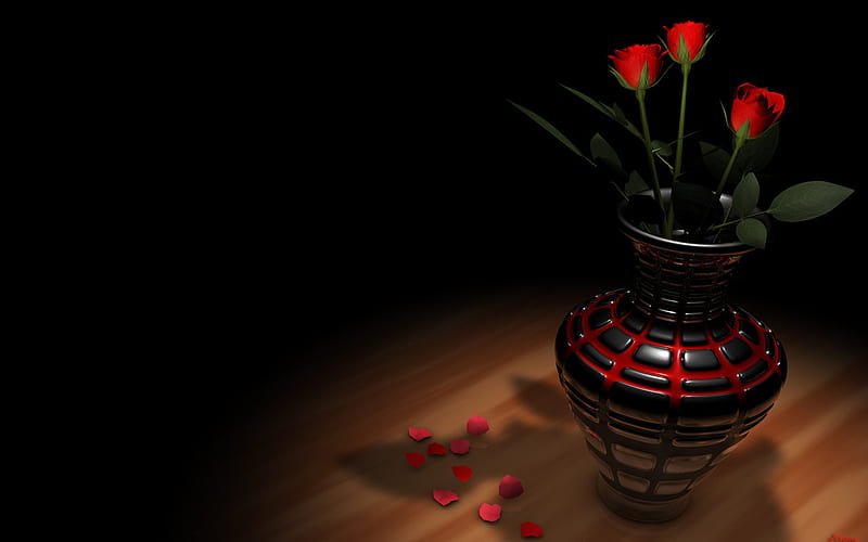 Simplicity, table, red, dark, vase, roses, wood, HD wallpaper