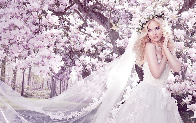 Beautiful bride under magnolia tree, magnolia, model, bride, spring, woman, tree, girl, flower, white, pink, HD wallpaper