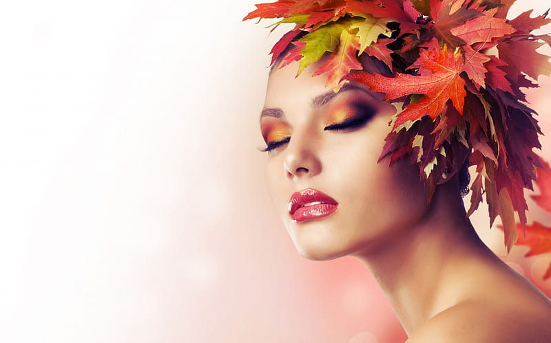 Olympia, leaves, graphy, girl, serene, beautiful, face, woman, HD wallpaper