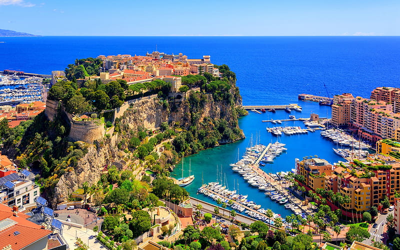 Monaco, Monte Carlo, summer, yachts, boats, bay, Mediterranean Sea, rocks, horizon, seascape, HD wallpaper