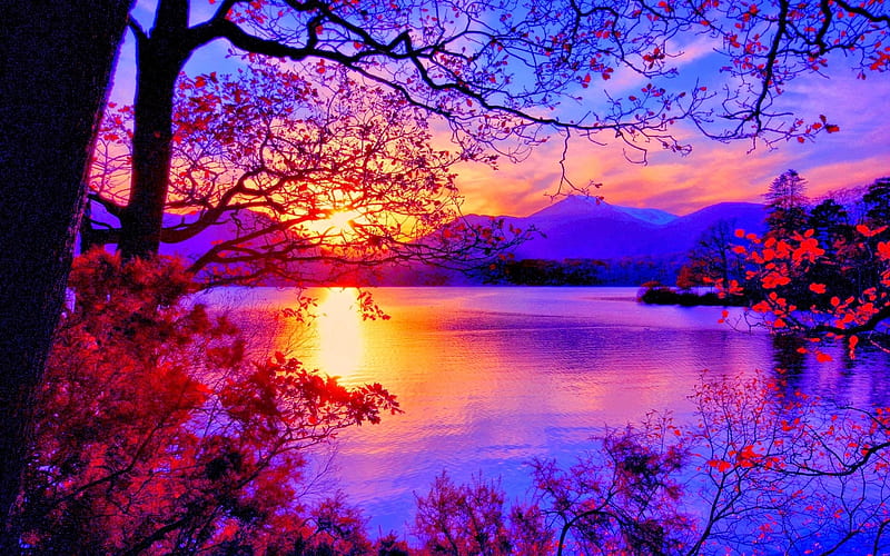 Beautiful Sunrise in Winter, snow, mountains, nature, sunrise, reflection, trees, lake, HD wallpaper