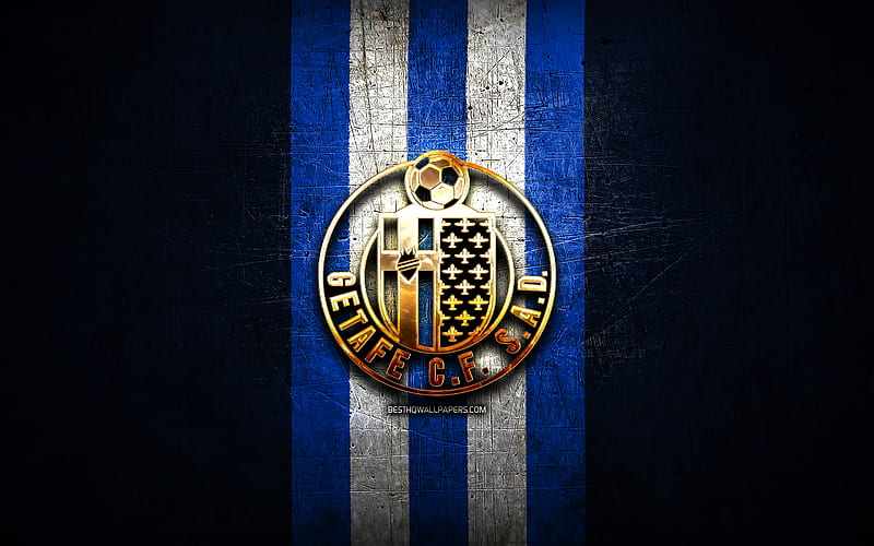 Getafe CF, golden logo, La Liga, blue metal background, football, Getafe FC, spanish football club, Getafe logo, soccer, LaLiga, Spain, HD wallpaper