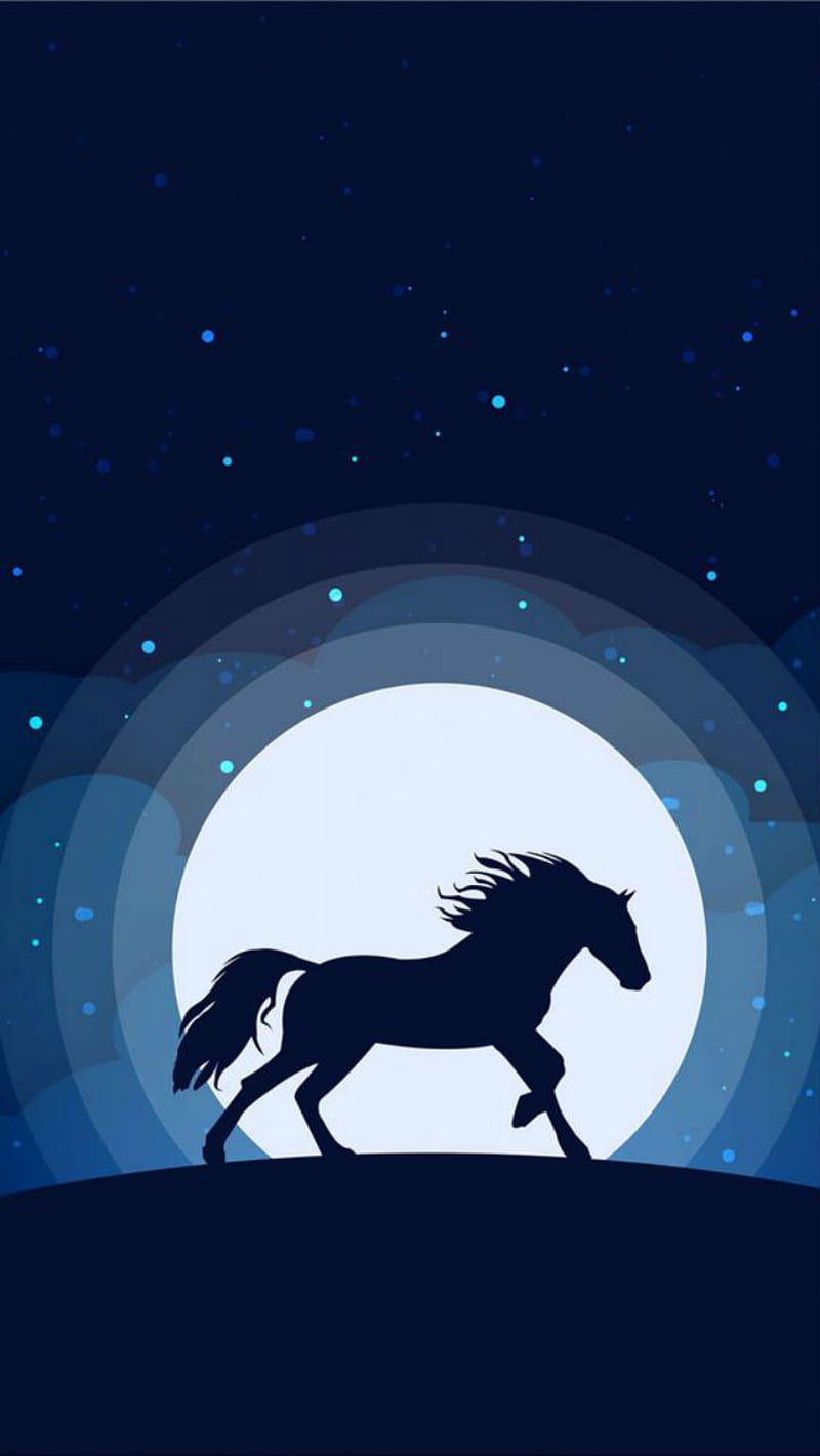Prance, horse, silhouette, moonlight, full moon, stars, stallion, gallop, HD phone wallpaper