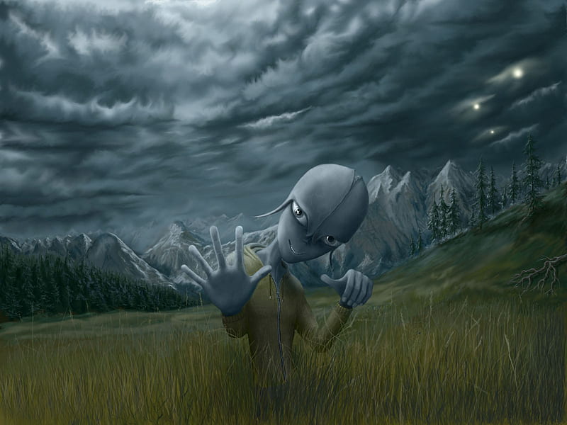Contact with Alien, tall grass, alien, dark clouds, mountains, HD wallpaper