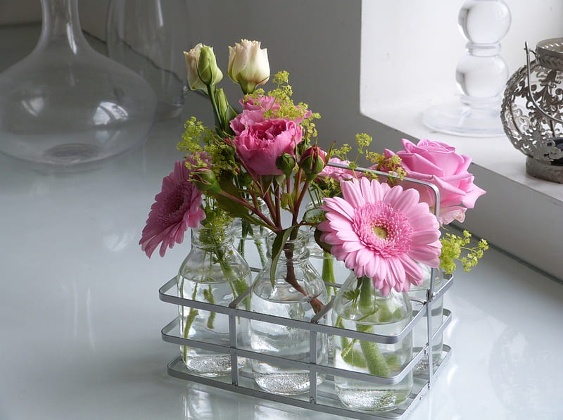 ✿ Tiny Delicacy ✿, bouquets, bright, gerbera, arrangement, roses, delicate, pink, HD wallpaper