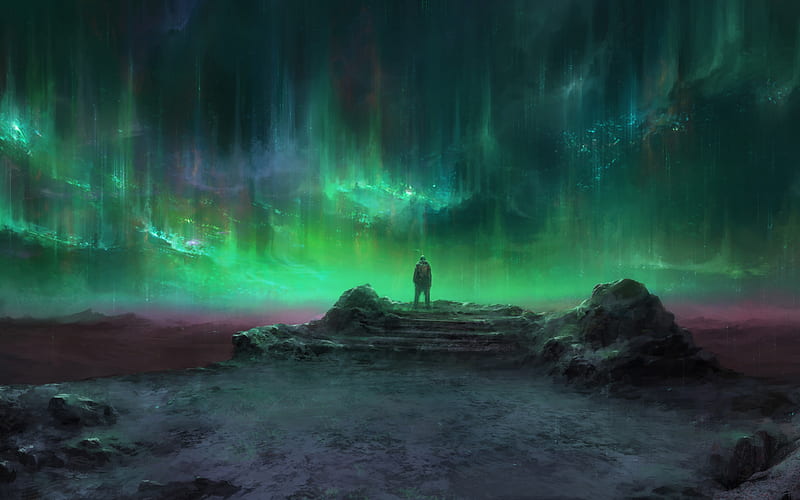 Aurora Man Standing Landscape, aurora, artist, artwork, digital-art, HD wallpaper