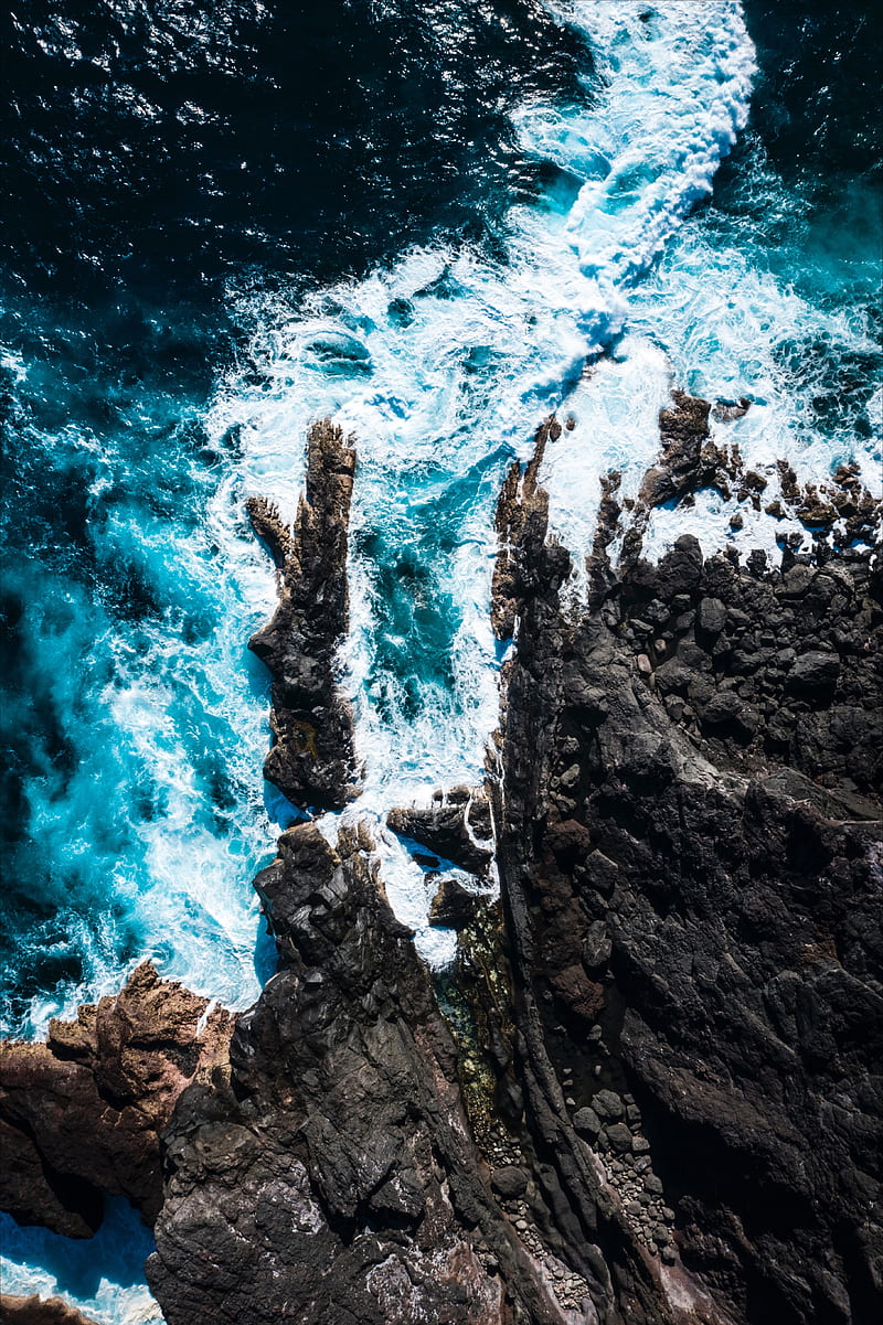 ocean, aerial view, rocks, surf, foam, waves, water, HD phone wallpaper
