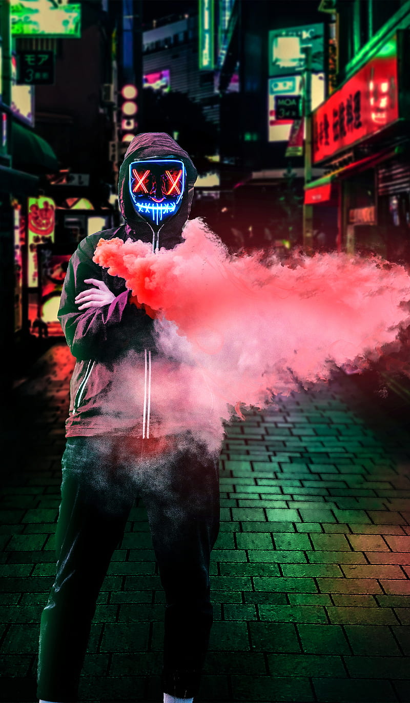Neon Mask Man, HI, Man, Neon, light, live, mask, night, road, smoke, street, HD phone wallpaper