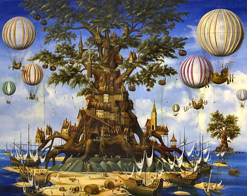 The Beginning of Navigation F, art, treehouses, surrealist, surrealism, bonito, hot air balloons, abstract, artwork, tree, boats, painting, wide screen, island, surreal, HD wallpaper