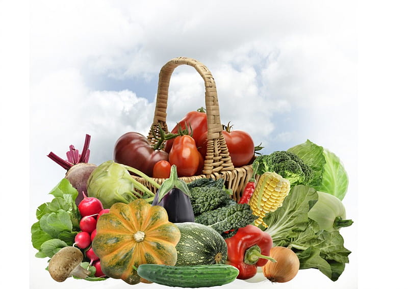 Basket of vegetables, harvest, pumpkin, healthy, vegetables, salad, HD wallpaper