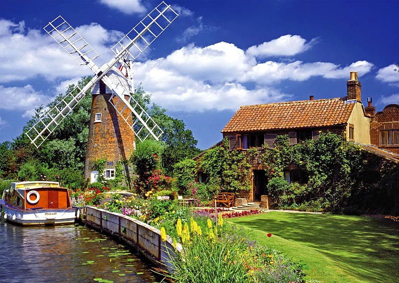 Windmill country, stream, pretty, windmill, shore, cottages, grass, mill, bonito, clouds, countryside, nice, dock, village, flowers, river, cabins, calmness, lovely, fresh, houses, pier, wind, creek, sky, yard, summer, nature, HD wallpaper