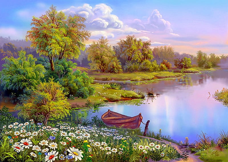 Landscape with daisies, art, shore, bonito, spring, trees, sky, lvoely, lake, daisies, boat, painting, summer, flowers, river, landscape, meadow, HD wallpaper