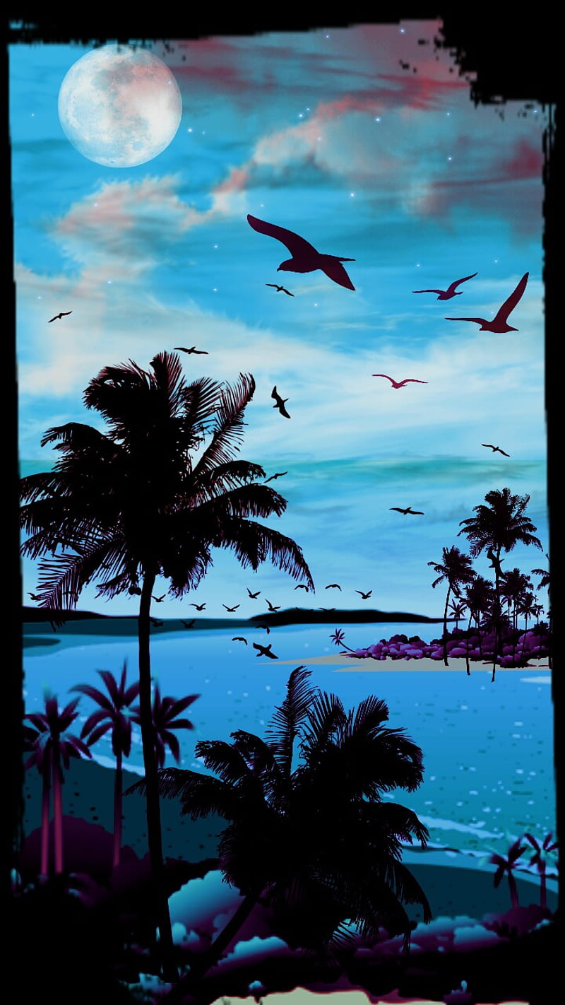 Isle of dreams, birds, blue, faded, nature, palms, sea, sun, sunset, tree, tropical, HD phone wallpaper
