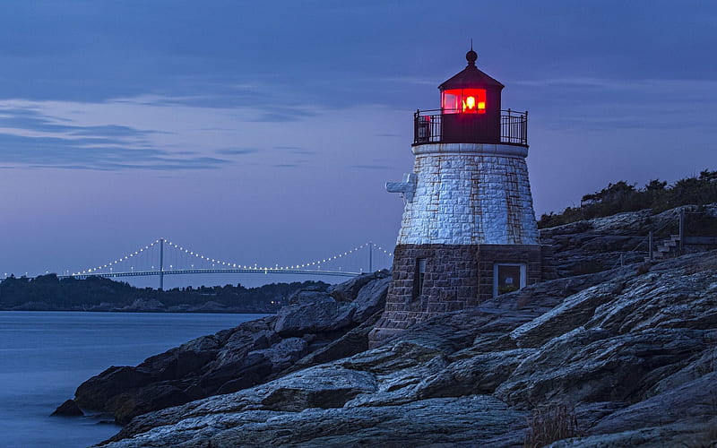 night, lighthouse, newport, HD wallpaper