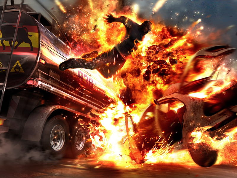 Blast Rid, stunt, videogame, action, blast, jumping, damage, adventure, fire, car, 2009, running, truck, the wheelman, hit, fast, HD wallpaper